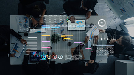 A project management dashboard for business. The interface features a Gantt chart to visualize the...