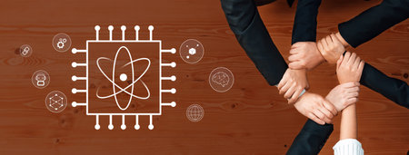 A creative representation of teamwork and technology, featuring diverse hands united around a...