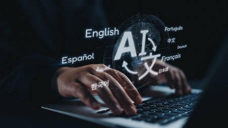 Global communication with multiple languages, digital translation tools, multilingual technology, cross-cultural communication, and virtual language learning environments. Elideの写真素材