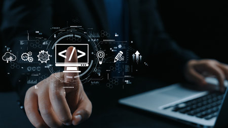 Modern web development concept featuring coding symbols, web development process, web development...