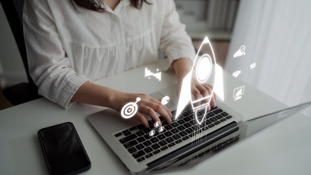Startup launch and business growth concept, rocket symbolism, entrepreneurship, startup innovation,...
