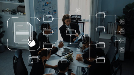 A diverse business team collaborates in a modern office setting, engaged in discussions about document management and teamwork, enhanced by digital overlay visuals. Rasterの写真素材