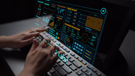 Data center monitoring dashboard visualize network performance, connection status, usage rate, and...