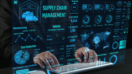 Explore a cutting-edge dashboard showcasing supply chain management, highlighting data analytics, warehouse operations, and transportation metrics for business insights.の写真素材