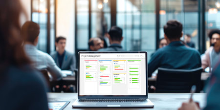 Project planning software for brisk business project management on the computer screen showing timeline chart of the team projectの素材