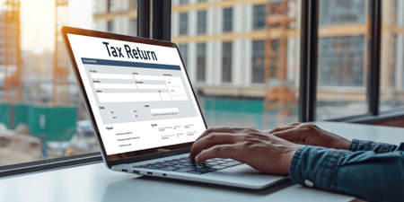 Online tax return form for submitting individual income tax return form brisk on the internet website. Government web for tax payment and return. Taxation technology concept.の素材
