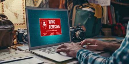 Virus warning alert on computer screen detected brisk cyber threat , hacker, computer virus and malwareの素材