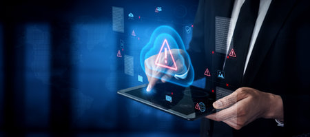 Cloud computing with alert icons and security elements, representing real-time threat detection, risk prevention, and digital infrastructure protection Parseの写真素材