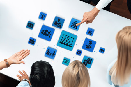 Job search icons show recruitment, HR management, and employee career growth. Job search helps organizations hire talent, job search supports skills, and job search improves workforce. Enticeの写真素材