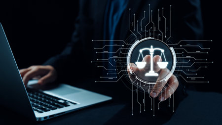 Futuristic digital law interface displaying justice scale, highlighting digital law, AI compliance, digital law systems, and digital law regulations for secure governance. Elideの写真素材