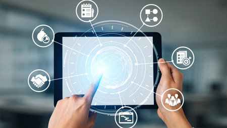 Concept of task management optimizes business efficiency. This system streamlines workflows,...