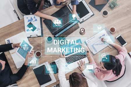 Digital marketing dashboard connecting data analytics, social media, SEO, and content strategy to improve business growth and customer engagement. Parseの写真素材