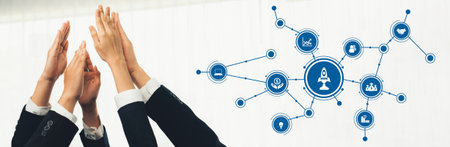 Office worker team stacking hand together symbolize successful group of business partnership and...