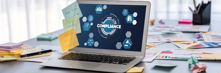 Sticky note for creative and analytic brainstorm for business idea with data dashboard on laptop screen. Analysis financial data visualization tech for marketing strategy.の写真素材