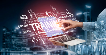A visually engaging representation of digital training and skill enhancement. A hand holds a laptop...
