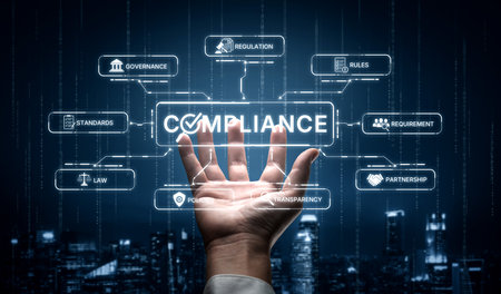 Compliance ensures alignment with standards, laws, and policies. A strong compliance system helps enforce regulation, protect organizations, and improve global compliance transparency.の写真素材