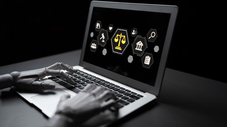 An AI assistant provides corporate legal services, managing compliance with business law. This smart system automates legal research and document review for matters of justice.の写真素材
