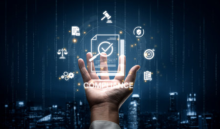 Concept of corporate compliance and risk management. Adhering to legal regulations and internal policies through systematic audits and process verification for business integrity.の写真素材