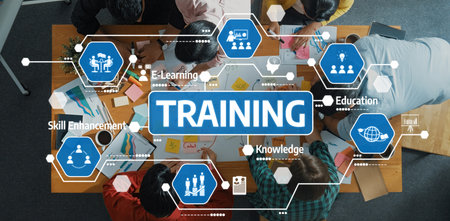 Collaborative Training Session Showcasing E-Learning Concepts and Skill Enhancement Through Engaging Visuals and Interactive Techniques.の写真素材