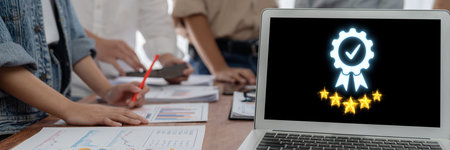 Online product certification, marking a key achievement. Demonstrates commitment to quality and trustworthiness by having product certification passed. briskの写真素材