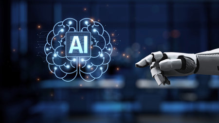 A robotic hand reaches toward a digital brain symbol representing advanced artificial intelligence,...