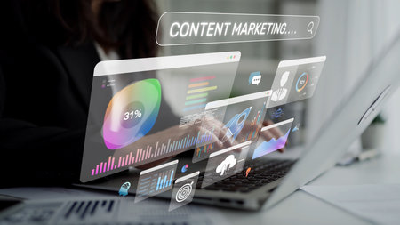Content marketing interface with data dashboards, analytics charts, and content tools. Marketing success comes from content performance, content planning, and marketing optimization.の写真素材