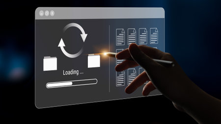 File synchronization or loading interface with progress bar, folders, and documents, symbolizing...