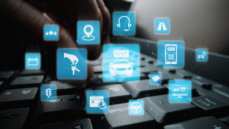 Online car rental service with booking, GPS, key handover and vehicle sharing icons representing modern mobility, travel convenience and digital rental platforms. Funnelの写真素材