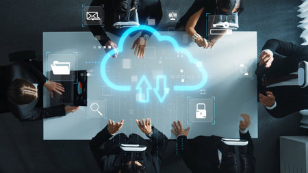 A modern business team engages in collaboration using cloud technology and virtual reality tools,...