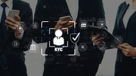 Visual representation of the KYC process in financial environments, spotlighting technology role in ensuring security, identity verification, and compliance in business. Rasterの写真素材