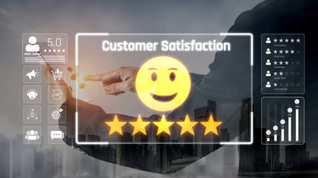 Customer feedback and satisfaction rating system showing star review, happy face, performance score, and service evaluation to improve customer experience.の写真素材