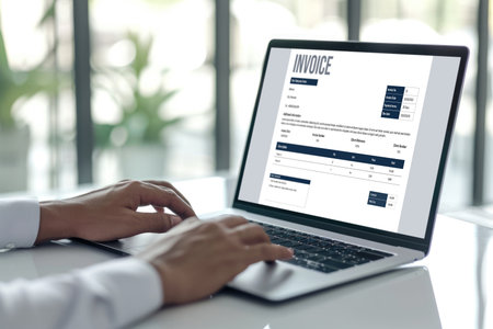 Invoice on computer screen from accounting application. Computer program for financial and budget of corporate business. brisk.の素材