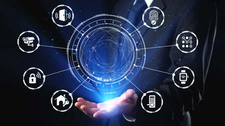 Home security icons show smart home, surveillance, and safety devices. Home security ensures...