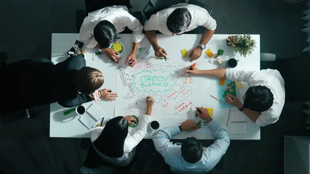 Time lapse of skilled business team working together to brainstorm environmental idea by using mind...