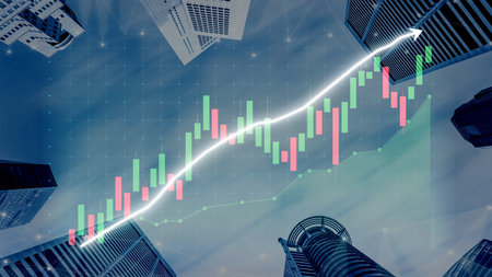 A visually striking image showcasing a stock market graph over a cityscape, symbolizing growth and investment opportunities in the modern economy.の写真素材