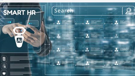 Smart HR system using AI and digital platforms for efficient recruitment, talent analytics, employee engagement, and workforce management in modern organizations.の写真素材