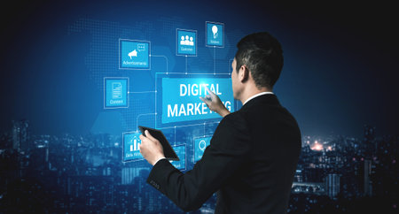 Digital marketing dashboard connecting data analytics, social media, SEO, and content strategy to improve business growth and customer engagement. Parseの写真素材