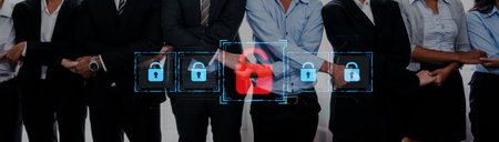 This image showcases a diverse team of business professionals standing together, symbolizing unity...