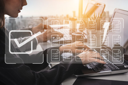 Task management concept illustrating digital checklist, document organization, and workflow tracking...