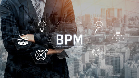 Business Process Management concept showing workflow analysis, process optimization, team collaboration, automation, and performance improvement.の写真素材