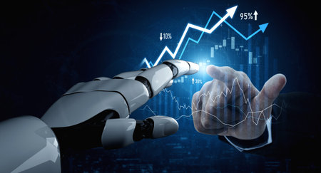 A dynamic interaction between a robot hand and a human hand represents the fusion of technology and finance, visualizing growth, statistics, and data analytics in a digital landscape.の写真素材