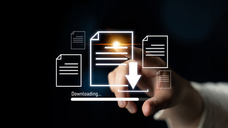Visual representation of digital document downloading, showing file transfer, data access, and progress status for secure and efficient information retrievalの写真素材