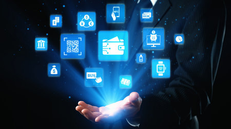 Digital wallet icons show mobile payment, digital wallet transfer, and online banking. Digital...