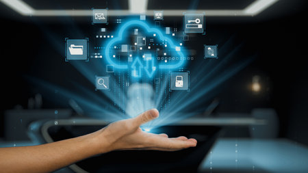 A futuristic hand reaches out towards glowing cloud icons, representing data transfer and cloud...
