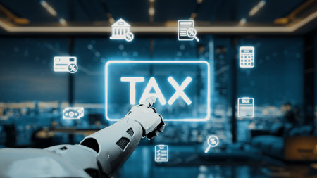 A robotic hand points to a bright tax symbol in a sleek office setting, showcasing various financial tools, representing the evolution of digital taxation and modern finance.の写真素材