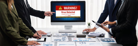 Panorama shot analyst team utilizing BI to analyze financial report with laptop. Businesspeople analyzing BI data dashboard displayed on laptop screen for business insight.の写真素材