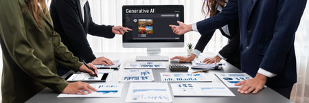 Panorama shot analyst team utilizing BI Fintech to analyze financial report with laptop. Businesspeople analyzing BI data dashboard displayed on laptop screen for business insight. Prodigyの素材