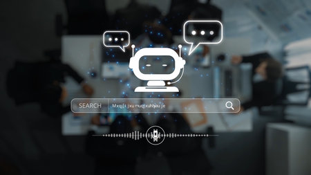 A digital workspace featuring a chatbot icon and voice search interface, illustrating the integration of technology in team discussions and modern communication methods. Rasterの写真素材