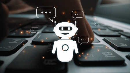 AI chatbot virtual assistant interacting with users through AI conversation bubbles, symbolizing AI automation, smart communication, and AI digital artificial intelligence help supportの写真素材