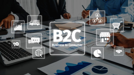 Explore the business to consumer concept illustrated with digital icons in a modern office, focusing...